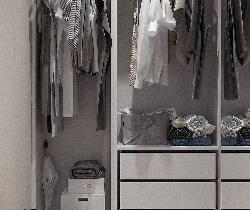 A neatly organized closet with space-saving storage bins, hanging organizers, and multi-use hangers, showcasing DIY closet solutions for renters.