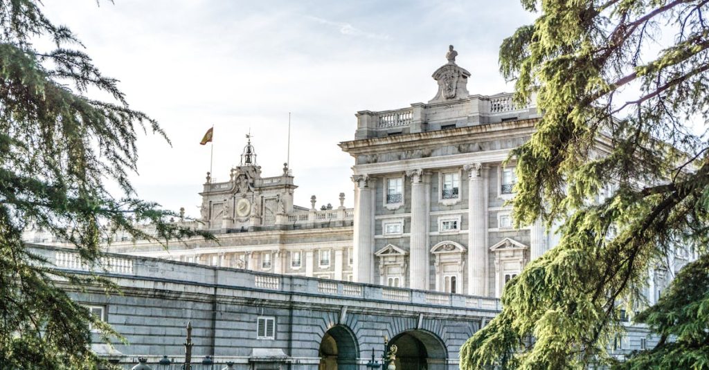 The Royal Palace of Madrid surrounded by trees under a clear sky, showcasing the city's historic landmarks and natural beauty.