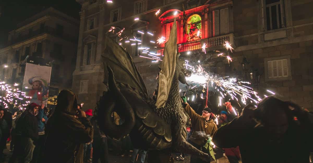 Exciting night scene of a cultural festival in Barcelona with fireworks and performers, showcasing the city’s vibrant festival culture.