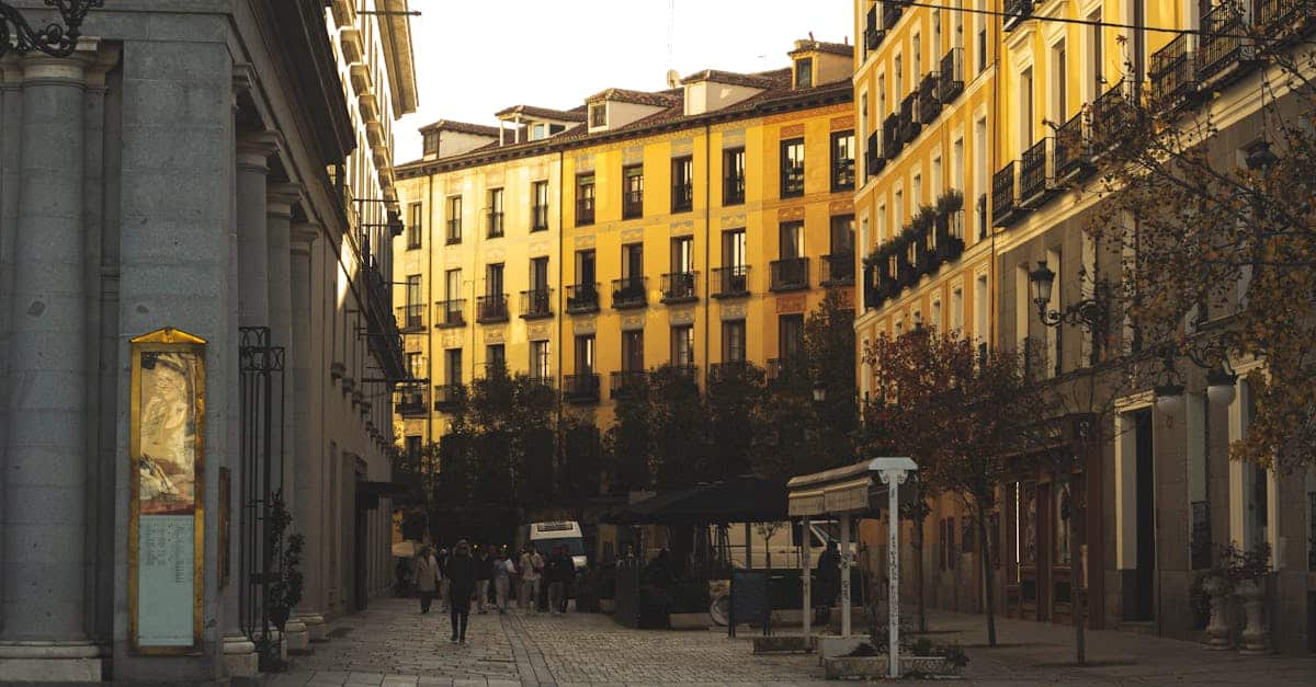 Warm sunset over a classic Madrid street lined with historic buildings and trees, capturing urban charm.