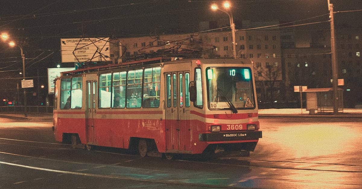 A classic Berlin tram at night, highlighting safe public transportation options for expats in Germany’s capital.