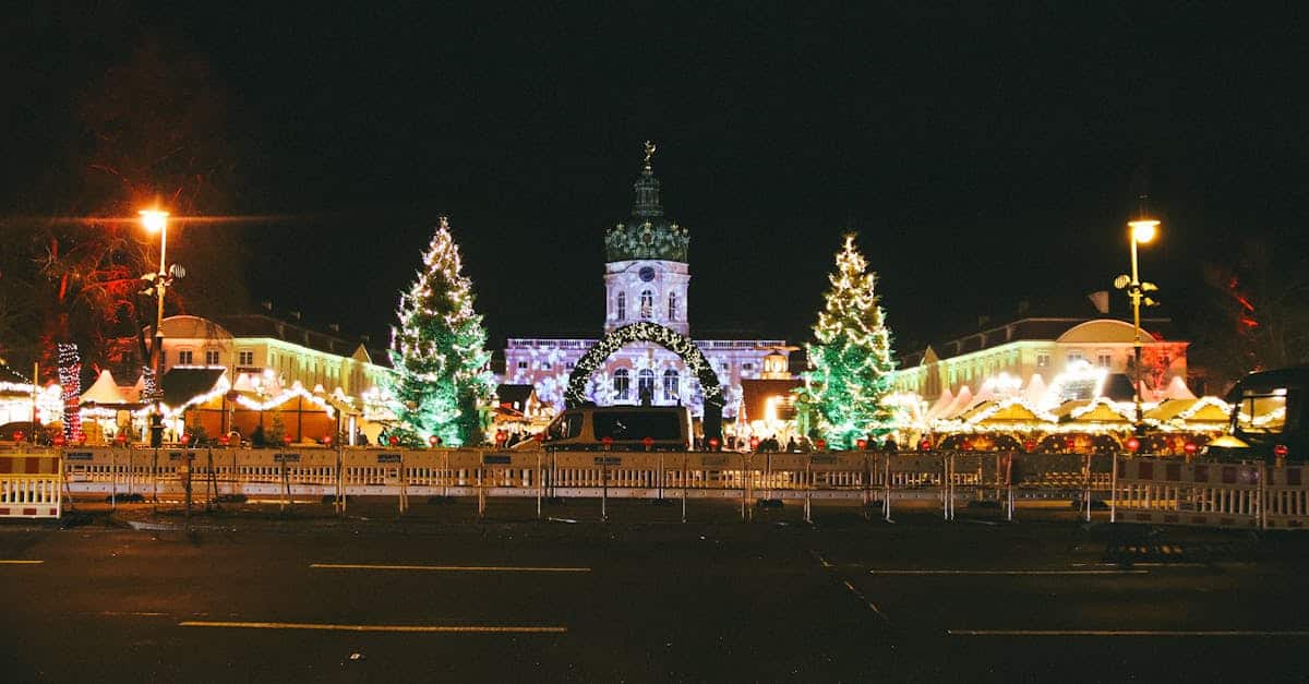 A vibrant Christmas market scene with lights and festive decorations in front of Charlottenburg Palace, Berlin, showcasing local traditions and holiday culture.