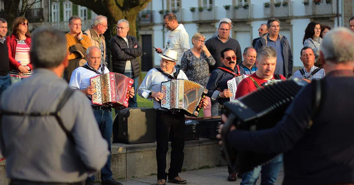 A lively outdoor accordion performance captivates a crowd in Braga, Portugal, showcasing the city's vibrant local culture.