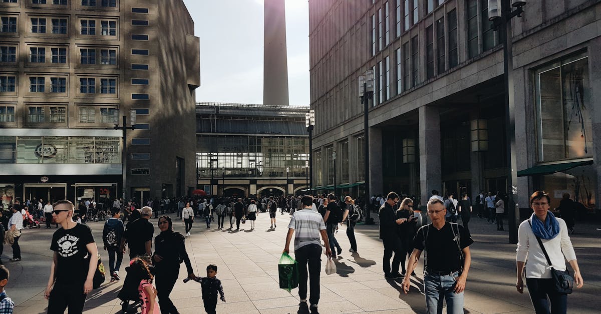 A busy shopping street in Berlin with pedestrians enjoying a sunny day in the city center, illustrating local etiquette and social customs.