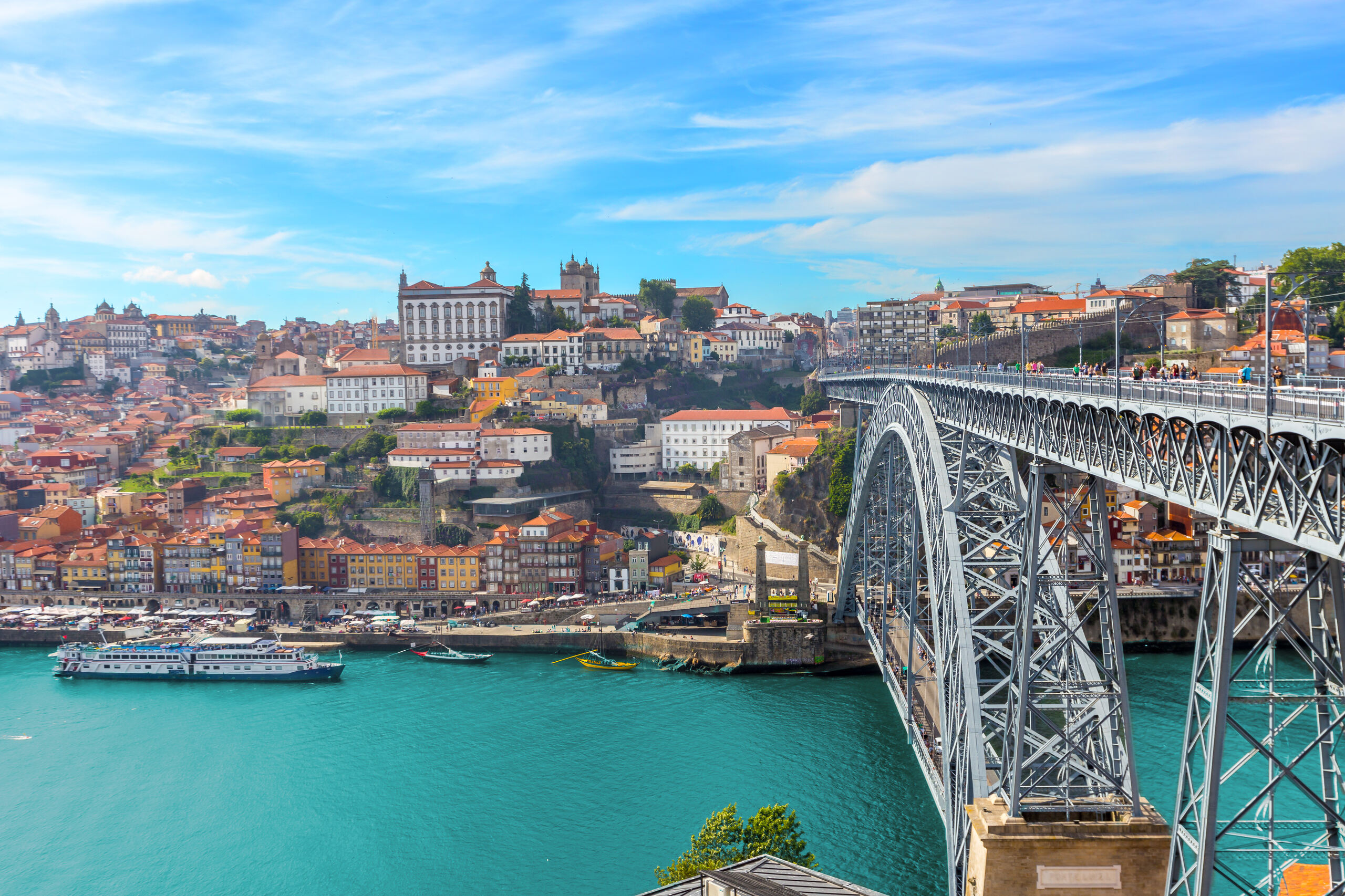 Panoramic view of Porto, Portugal, featuring the Ribeira district, Dom Luís I Bridge, and the Douro River.