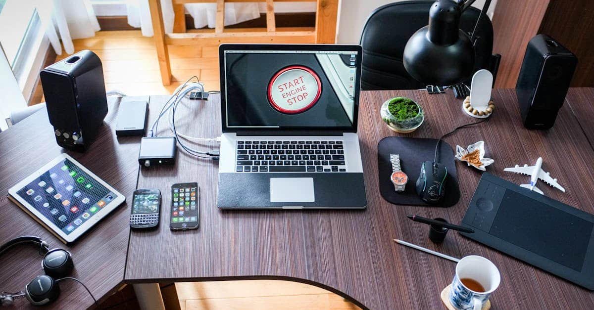 A contemporary office desk setup with laptops, gadgets, and accessories, creating a tech-savvy workplace.