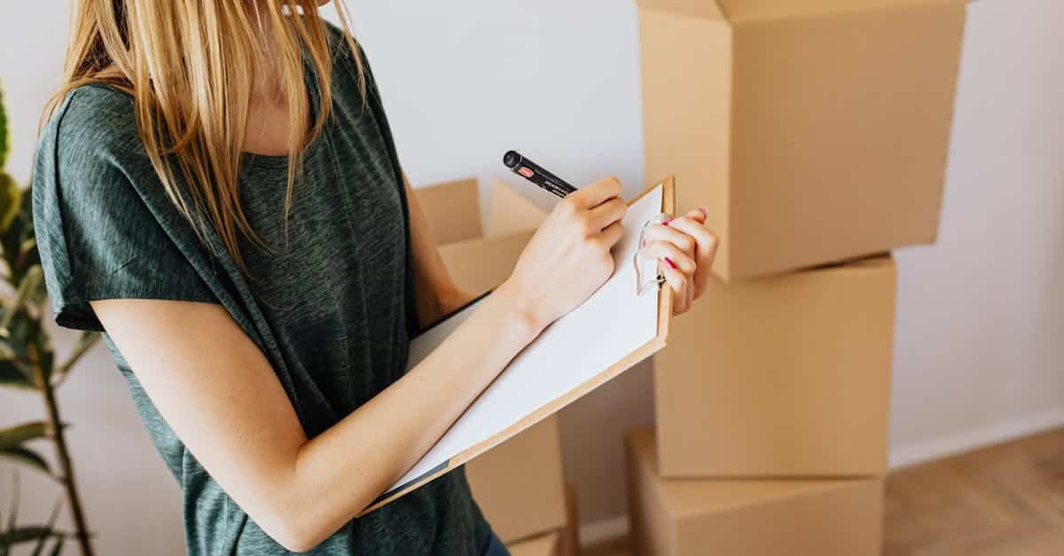 A young woman writing on a clipboard while organizing moving boxes in her home, symbolizing an essential checklist for first-time renters in Europe.