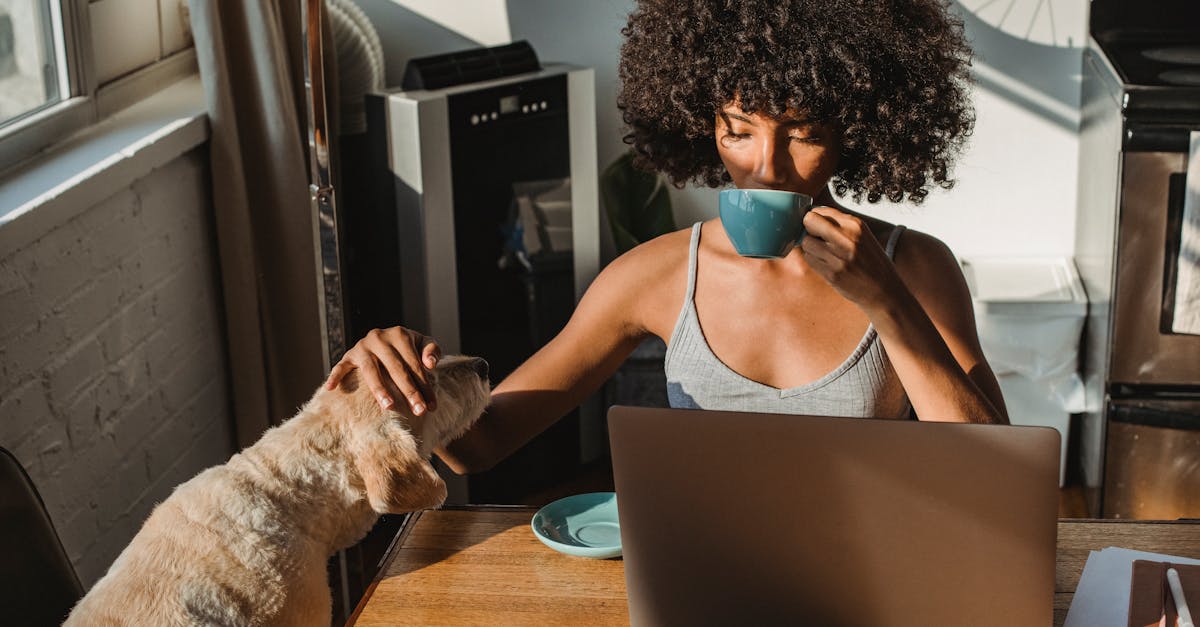 A concentrated young Black woman working remotely on a netbook while sitting at a table, drinking coffee, and petting her dog, symbolizing a pet-friendly rental home.