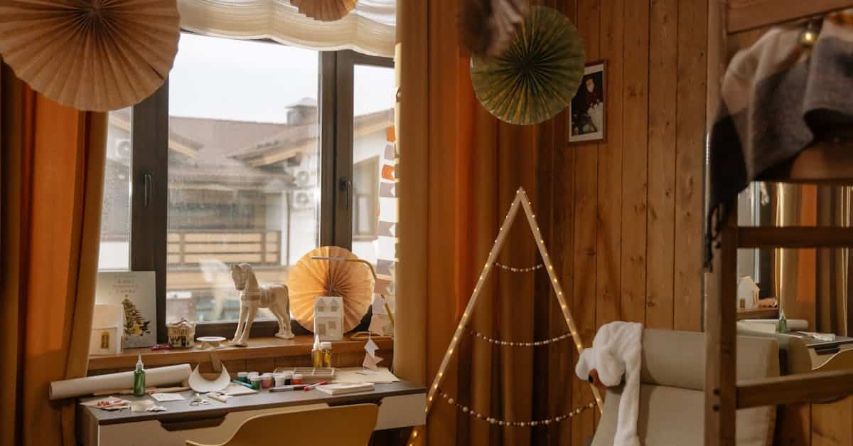 A warm wooden room interior featuring creative decor elements and natural light, showcasing budget-friendly DIY decor ideas for small spaces.